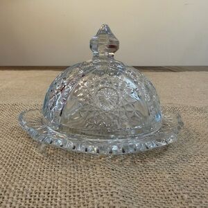 Vintage Indiana Glass Covered Butter Dish with Starburst Lid